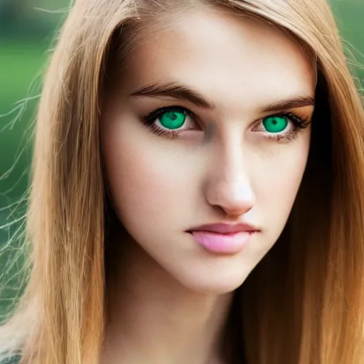 Image similar to brunette with dyed blonde hair, 21 years old, 165 cm tall, long flat hair, blonde, green eyes, 20% smaller nose, small mouth, round shaped face, big forehead, lop eared, thin eyebrows, real life Carl Zeiss optics photo