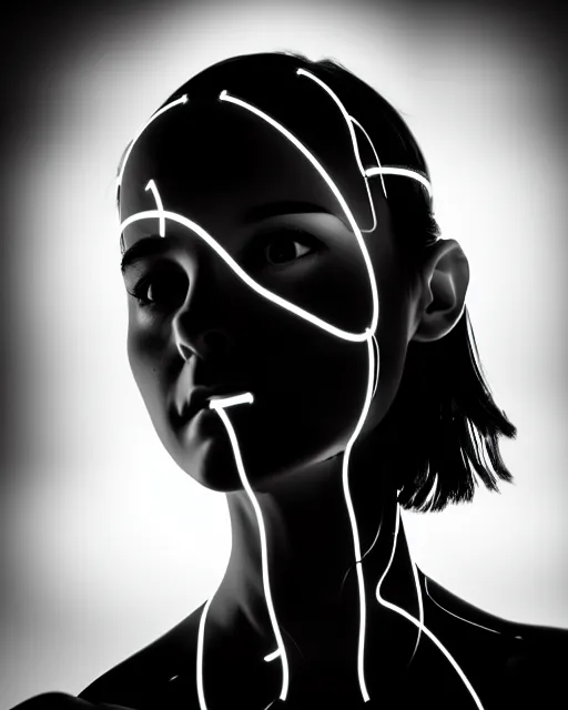 Image similar to black and white artistic photo, full figure, young female cyborg - vegetal, microchip, artificial intelligence, bio - mechanical bio - luminescence, black wired cables, cinematic, rim light, photo - realistic, 8 k