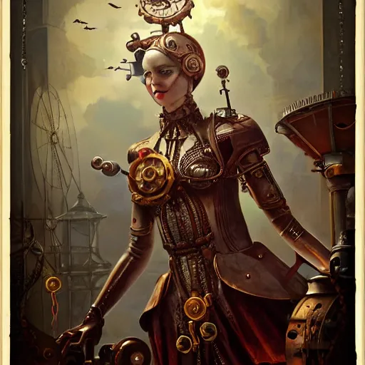 Prompt: by tom bagshaw, photorealist vivid render of a carnival of curiosities marvel, single bald steampunk female in a full ornated armor, gears, cables, led, flying machinery, partial symmetry accurate features, very intricate details, focus, award winning, ultra dense fog, trending on behance