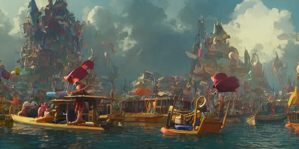 Image similar to a film still floats carnival, medium shot, waist up, studio ghibli, pixar and disney animation, sharp, rendered in unreal engine 5, anime key art by greg rutkowski, bloom, dramatic lighting