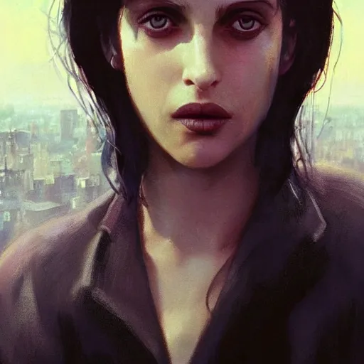 Image similar to closeup portrait of matilda from the movie leon the professional, natalie portman, city background, dramatic light, gorgeous view, depth, high detail, digital art, painted by greg rutkowski and seb mckinnon, by tim burton, trending on artstation