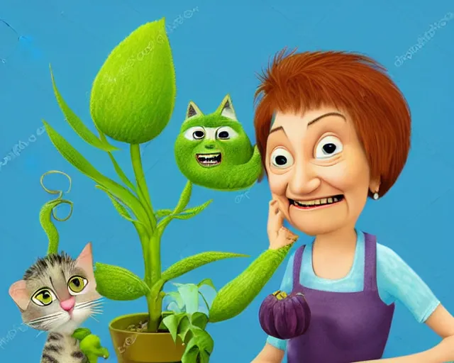 Prompt: detailed cartoon portrait of an old lady and her plant cat, pixar, sharp high quality