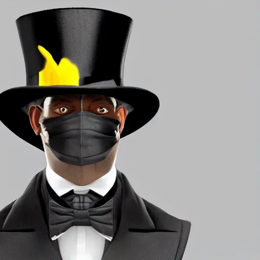 Image similar to a highly detailed portrait of a man in a high top hat covering his face, in a black tailcoat with a yellow waistcoat under the tailcoat, artstation, deviantart, professional, unreal engine 5, photorealistic