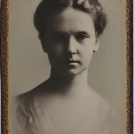 Prompt: antique photograph of a beautiful woman, sad eyes, cracked and faded photo paper, staring at the camera, headshot, dark background, 1 8 5 0, low light, dark, 4 k