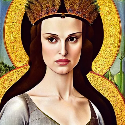 Prompt: natalie portman as the goddess of spring, elegant portrait by sandro botticelli, detailed, symmetrical, intricate