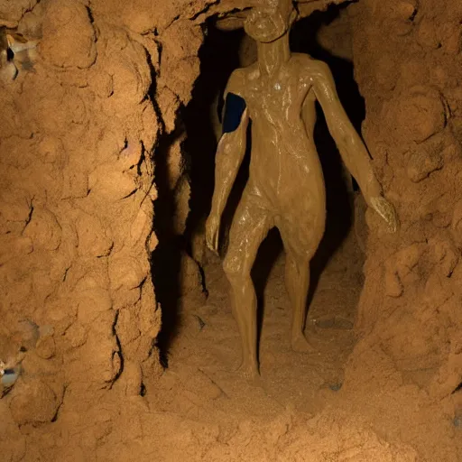 Image similar to found footage of a humanoid made of wet clay emerging from a wall inside of a cave made of wet clay, creepy, flash photography, unsettling, moist, low quality