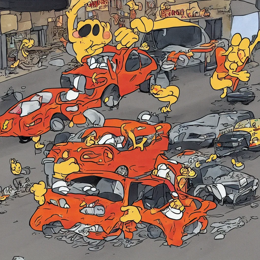 Prompt: garfield crashing a car into a pizzeria