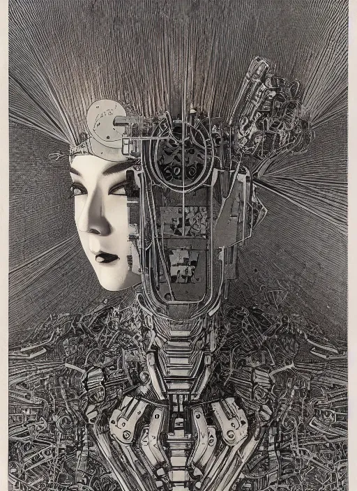 Image similar to 2 d illustration, grained risograph, vintage horror sci - fi portrait of a futuristic silver armored geisha district 9 cyborg, parallax, fractal, intricate, elegant, by jheronimus bosch and moebius louis jacques mande daguerre and szukalski