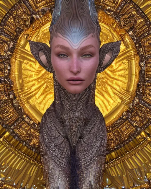 Image similar to a highly detailed metahuman 4 k close up render of an alien goddess bella hadid monument demon in iris van herpen dress schiaparelli in diamonds crystals swarovski and jewelry iridescent in style of alphonse mucha gustav klimt trending on artstation made in unreal engine 4