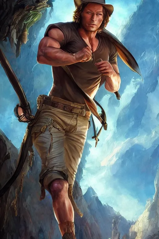 Image similar to pretty muscular sam winchester as indiana jones in the fate of atlantis, clothes torn apart, fantasy style, sharp focus!, ultra detailed, art by artgerm and peter andrew jones, wlop