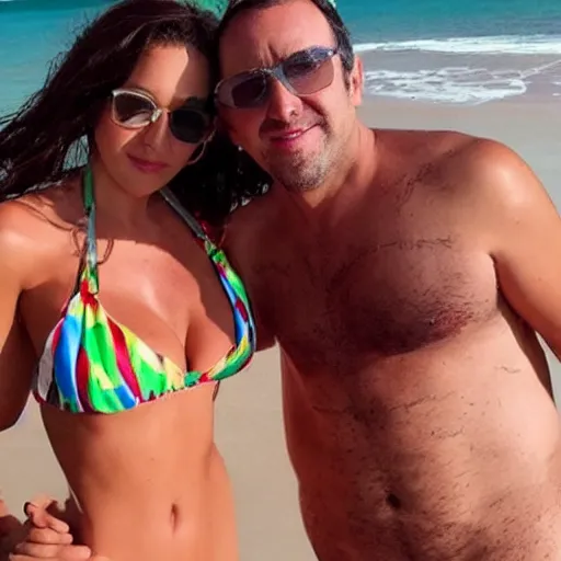Image similar to photo of a 4 0 year old man that looks young for his age dating a very attractive 2 q year old woman wearing a bikini. they are ready to go to sleep
