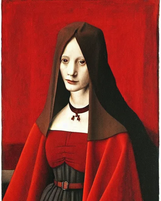 Image similar to a painting of a woman wearing a red cloak by antonello da messina, behance, pre - raphaelitism, pre - raphaelite, calotype, da vinci