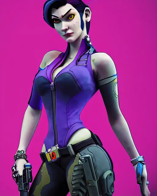 Image similar to widowmaker from overwatch, intricate details, highly detailed, in the style of gta game cover art