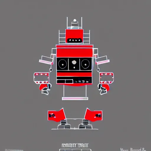 Prompt: robot shaped like a reverse wedge with tank tracks, red and grey color scheme, character design sheet