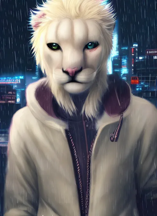 Prompt: character portrait of a male anthro albino mountain lion fursona with a tail and a cute beautiful attractive furry face wearing stylish cyberpunk clothes in a cyberpunk city at night while it rains. hidari, color page, tankoban, 4K, tone mapping, Akihiko Yoshida.