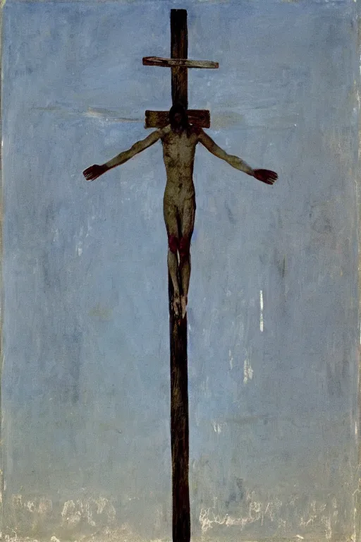 Image similar to bloody christ crucified and huge ufo of light in the sky painted by cy twombly and andy warhol