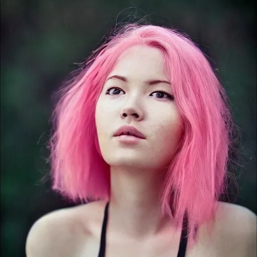 Image similar to a beautiful woman with pink hair and fair skin, portrait photograph, nikon 3 5 mm, photograph