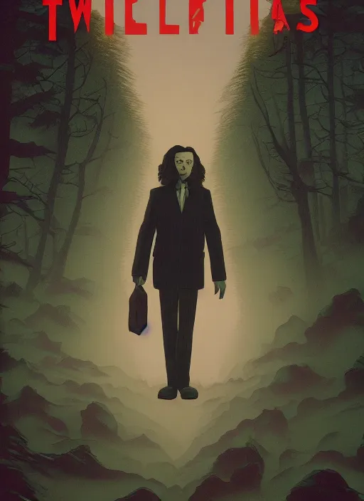 Prompt: Twin Peaks poster artwork by Michael Whelan and Tomer Hanuka, Rendering of Tim Burton from scene from Twin Peaks, full of details, by Makoto Shinkai and thomas kinkade, Matte painting, trending on artstation and unreal engine