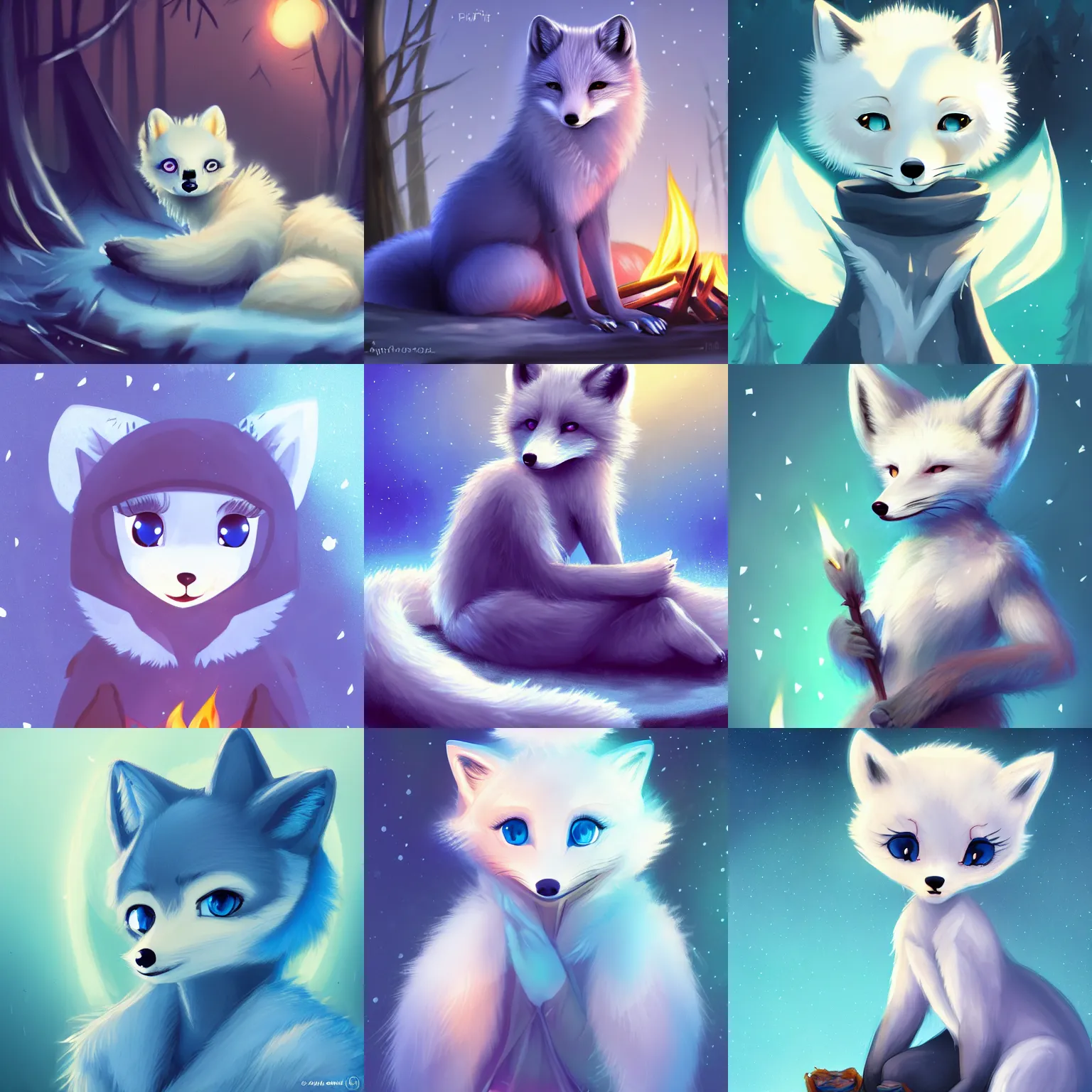 prompthunt cute girl anthro arctic fox with detailed blue eyes sitting  around a campfire at night full face anime detailed trending on  artstation furry anthro fox pixie moe illustration digital art concept