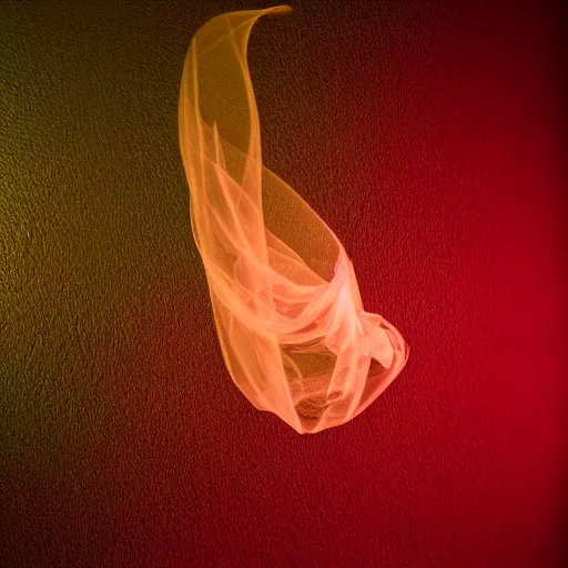 Image similar to a photo of beautiful silk floating in the air in a dark room, lit from above, volumetric light, smoke, photorealistic, 8 k