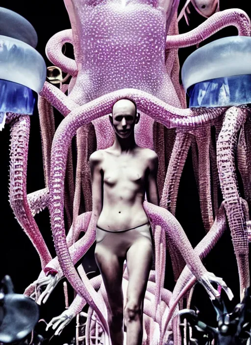 Image similar to walking down the catwalk, steven klein, ben watts, show, stage, vogue photo, podium, fashion show photo, iris van herpen, beautiful woman, perfect body, full body shot, helmet on face, masterpiece, guyver, jellyfish, biomechanical details, movie still, fauvism, cinestill, bokeh, gelios lens