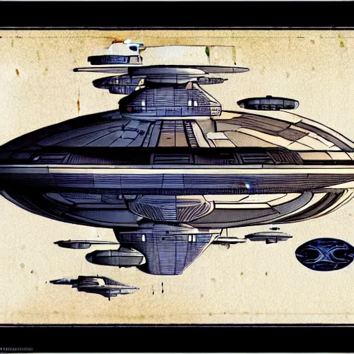 Image similar to design, starship enterprise from star trek, borders, lines, decorations, muted colors, by jean - baptiste monge