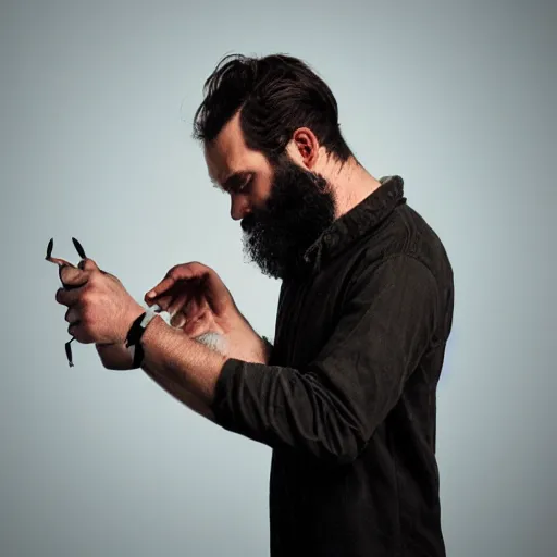 Prompt: bearded man building something, profile, dramatic, surreal