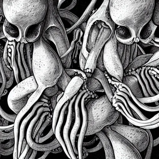 Image similar to a rib cage filled with octopuses wrapping their tentacles around the shining white bones, fantasy illustration