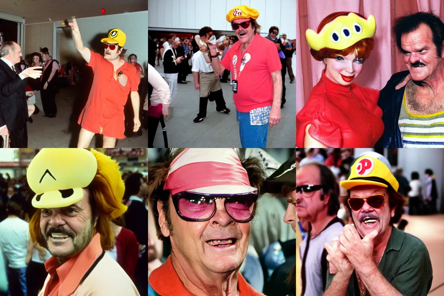 Prompt: Jack Nicholson cosplays as Princess Peach, candid photograph at fan convention (1995)