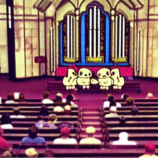 Prompt: film still of jigglypuff singing in a worship choir at a baptist church from the movie pokemon