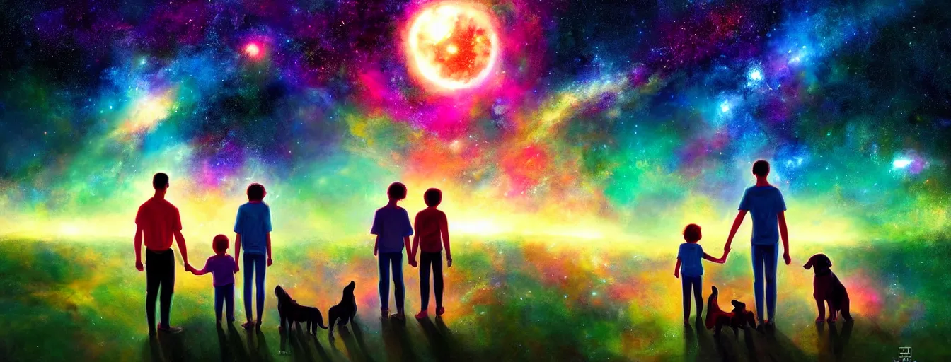 Image similar to a centered rear view of a mom dad and a kid holding hands, with a dog sitting next to them in a small green planet looking to the night sky displaying an entire colorful galaxy, digital art, epic, colorful, highly detailed, by ross tran, artstation