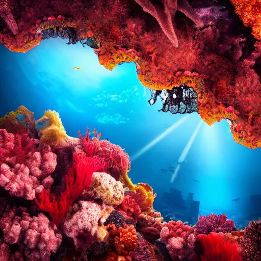 Prompt: Photograph of a gigantic city underwater, photo-realistic, colorful, seaweed, dark, smog, complex,