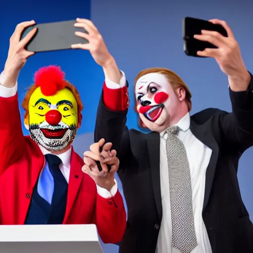 Prompt: a president with bulldog mouth and clown makeup taking a selfie in a podium next to an angry first minister