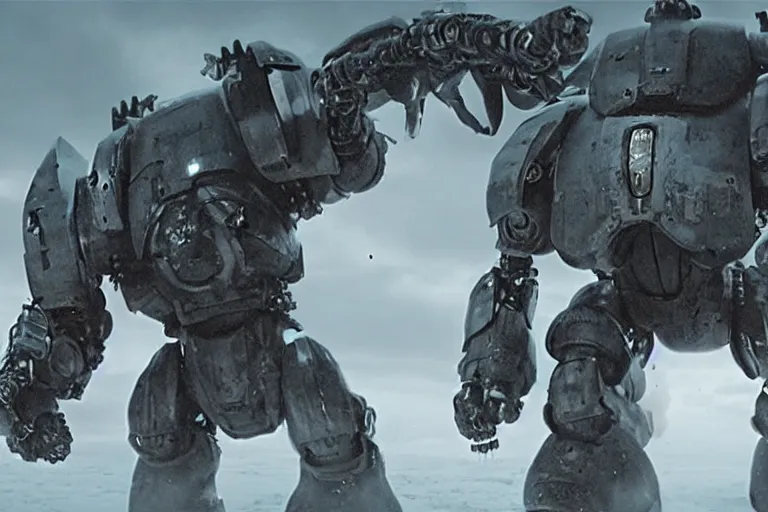 Prompt: VFX movie of futuristic cybernetic beast monsters fighting space marines lunging by Emmanuel Lubezki