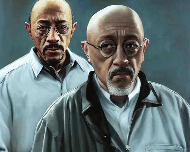 Image similar to jonathan banks as mike ehrmantraut and giancarlo esposito as gustavo fring from breaking bad, cinematic lighting, oil painting portrait