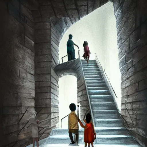 Prompt: a man going into heaven with his wife and children through stairs which is connecting magical world to heaven, realistic, concept art trending on artstation, glowing effect, golden ratio, rule of thirds, illustration, digital painting, hyperreal, hyperdetailed, 8k