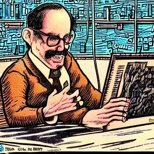 Prompt: The Artwork of R. Crumb and his Sad Accountant, pencil and colored marker artwork, trailer-trash lifestyle