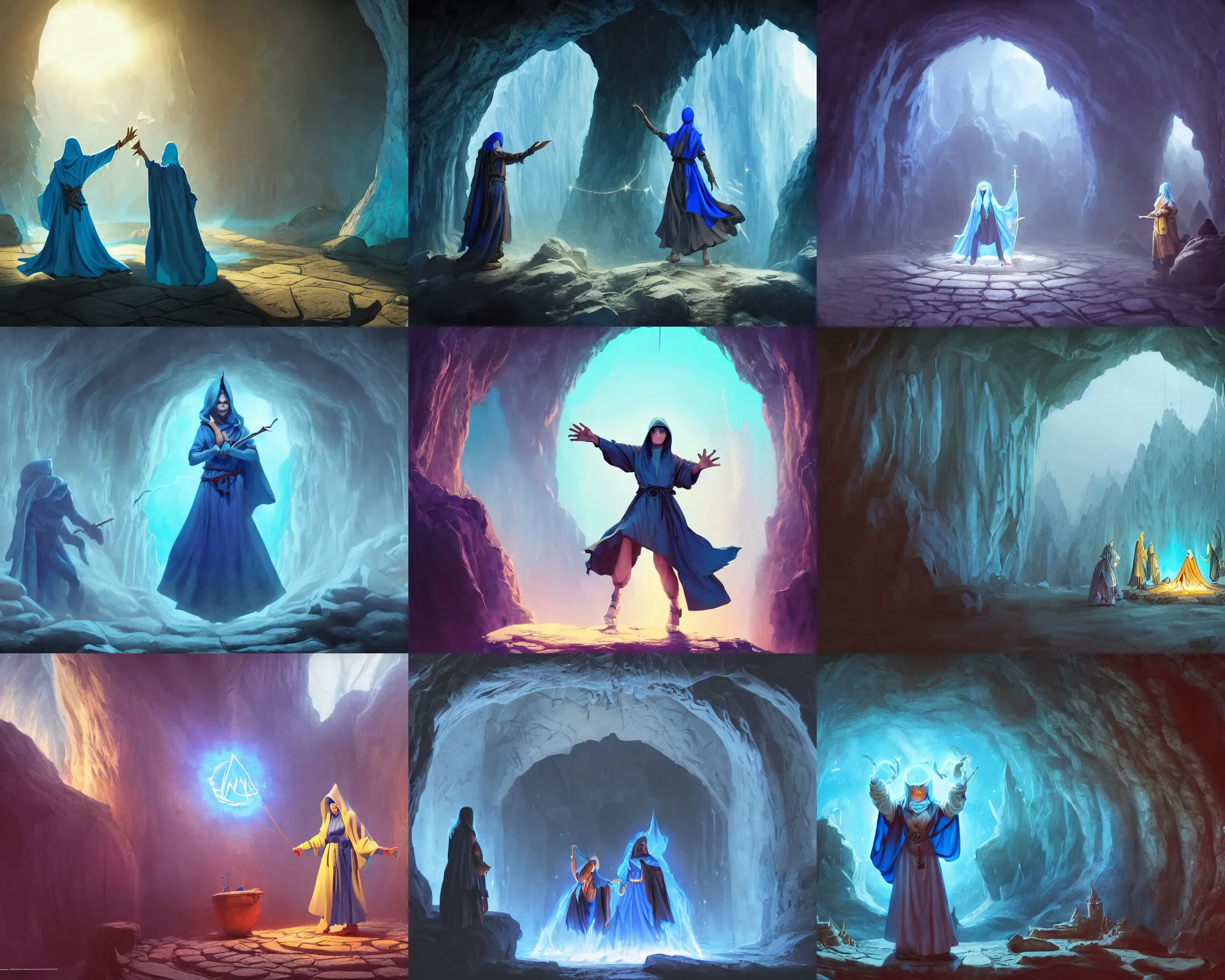 Prompt: blue haired female with hooded cult robes casting a magic spell, floating symbols, cave, dnd, rpg, cosplay, fantasy, masterpiece, sharp focus, unreal engine highly rendered, global illumination, fantasy movie scene andreas rocha and frank frazetta intricate environment 8 k hd