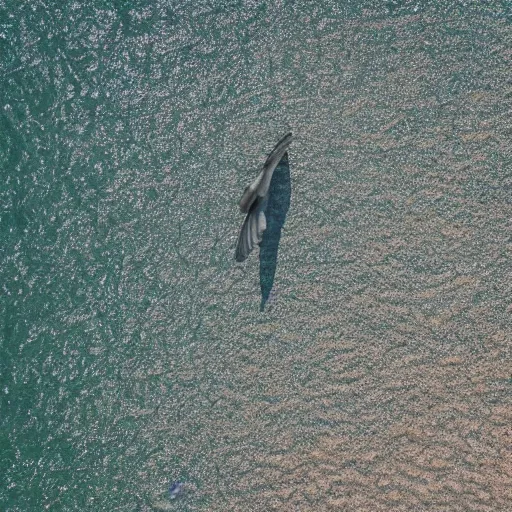 Prompt: simmetrical photo of a seagull flying seen exactly from above. Watching down. Seagull seen from above. 4k still award winning. Pleasant look and colors. Sea on the background.