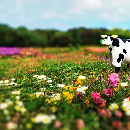 Image similar to a little cow in a field surrounded by flowers, tilt shift photo