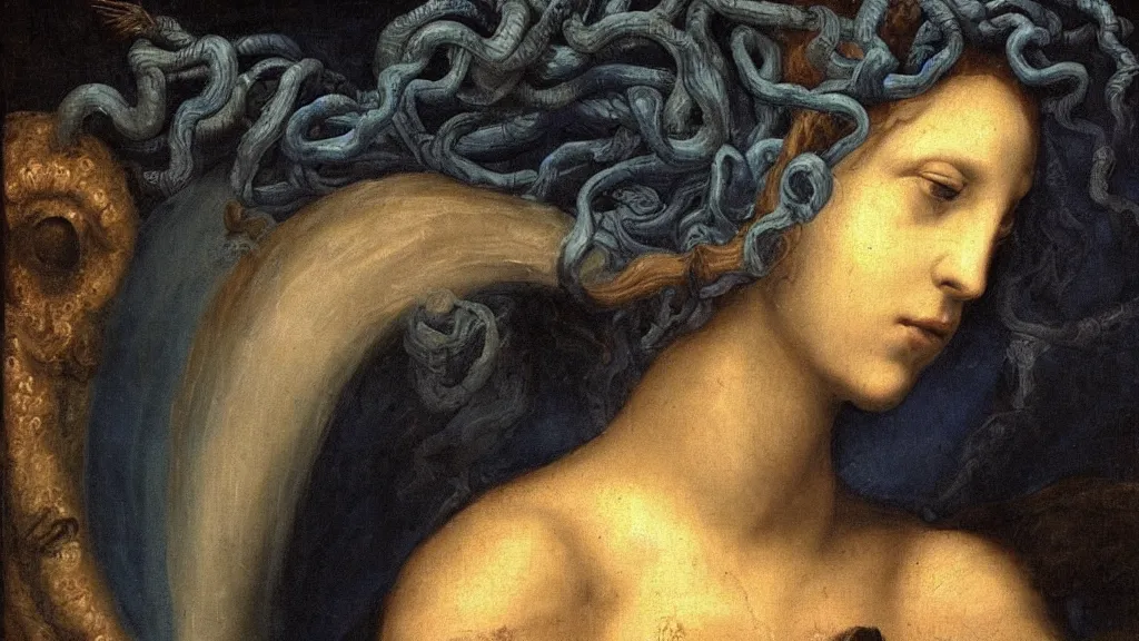 Prompt: renaissance painting! of medusa!! night! blue flames around her!! moody! gloomy!! fog! looking over her shoulder!!!