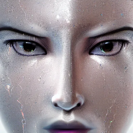 Prompt: closeup of sweating robot forehead with sweat on it, big drops of sweat, forehead only, by Hajime Sorayama, airbrush art, symmetric face, beautiful face, highly realistic, star flares, trending on artstation, beautiful lighting, sharp, details, hyper-detailed, HD, HDR, 4K, 8K