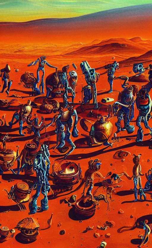 Prompt: a surreal painting of a flamboyant party on the surface of mars