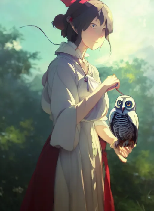 Image similar to florence nightingale with her pet owl in the pocket of her apron gapmoe yandere grimdark, trending on pixiv fanbox, painted by greg rutkowski makoto shinkai takashi takeuchi studio ghibli