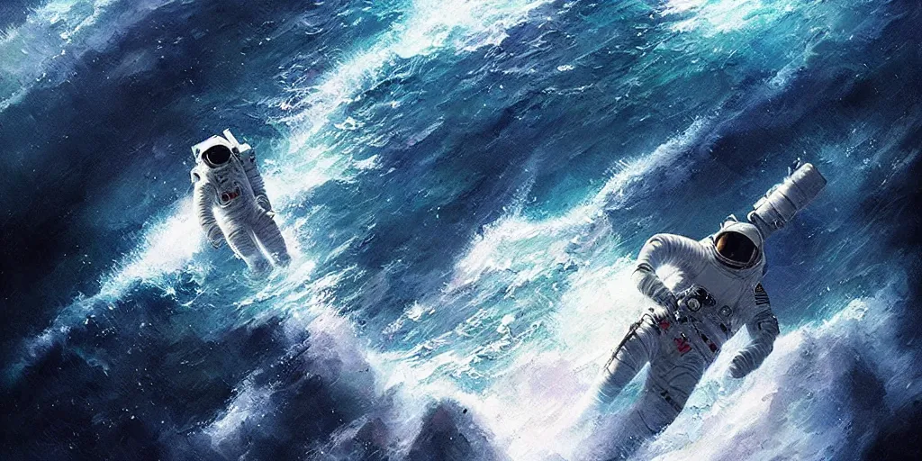 Image similar to an astronaut lost in the ocean,digital art,detailed,ultra realistic,art by greg rutkowski