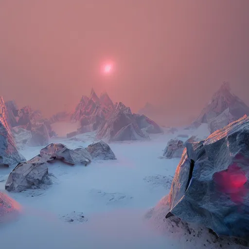 Image similar to ice mountains and meteor in the background foggy award winning, trending on artstation, unreal engine