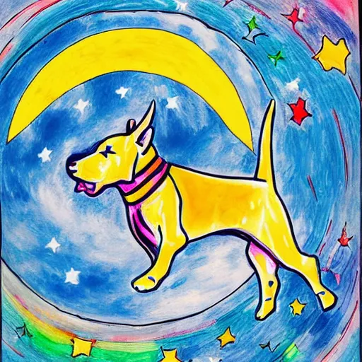 Image similar to A bull terrier in a spacesuit floating in space, colorful drawing