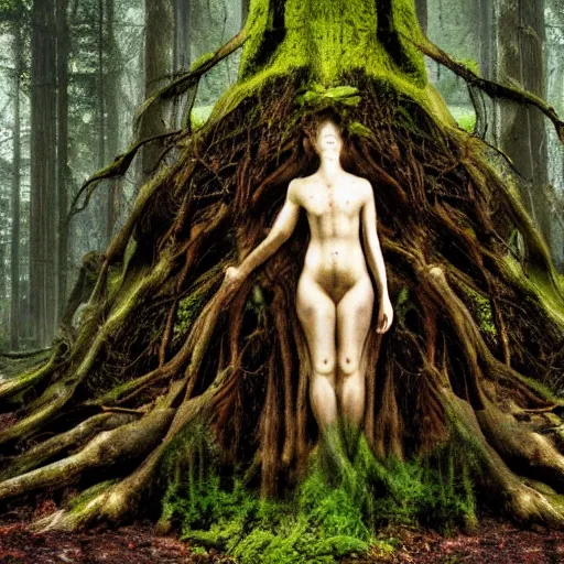 Prompt: a photo of mother nature emerging from a tree covered in roots and moss, nature, trees, human tree