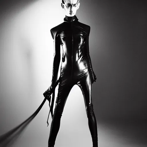 Image similar to fashion photography of an extraterrestrial model, holding a leather whip, wearing demobaza fashion, inside berghain, berlin fashion, harness, futuristic fashion, dark minimal outfit, photo 3 5 mm leica, hyperdetail, berghain, 8 k, very detailed, photo by nick knight