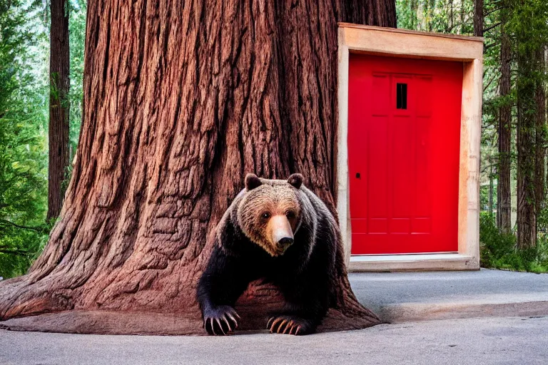 Image similar to grizzly wearing a red shirt sitting outside big sequoia tree with a red door by Roger Deakins